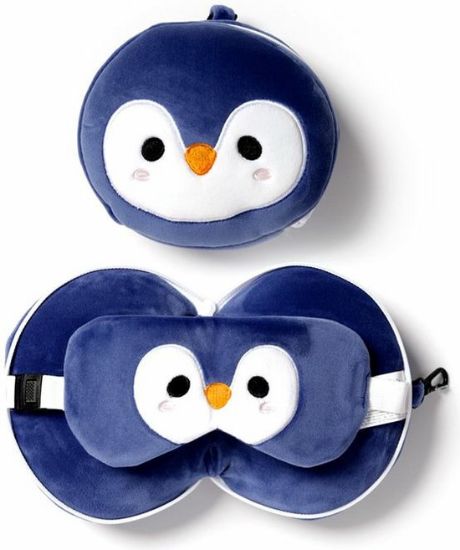 Afbeeldingen van Pinguin knuffel/reiskussen/slaapmasker - 2-in-1 set