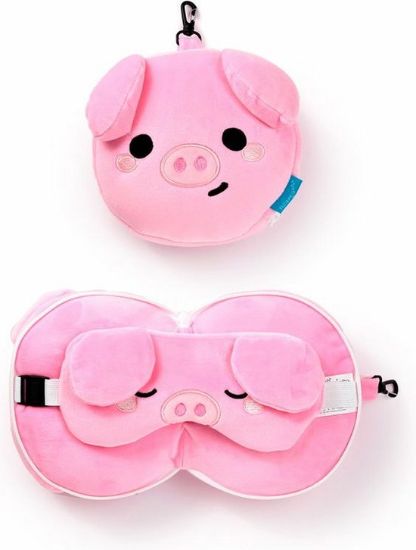 Afbeeldingen van Oliver het Varken knuffel/reiskussen/slaapmasker - 2-in-1 set