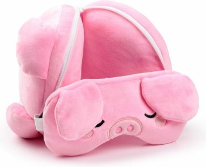 Afbeeldingen van Oliver het Varken knuffel/reiskussen/slaapmasker - 2-in-1 set