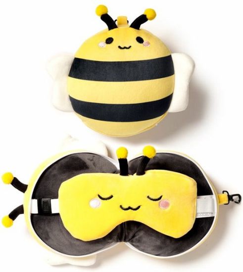Afbeeldingen van Bij knuffel/reiskussen/slaapmasker - 2-in-1 set