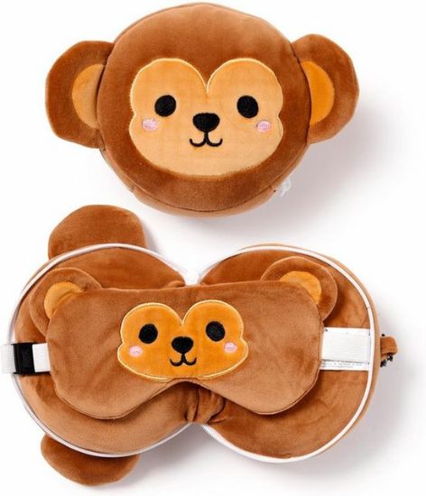 Afbeeldingen van Aap knuffel/reiskussen/slaapmasker - 2-in-1 set