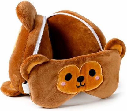Afbeeldingen van Aap knuffel/reiskussen/slaapmasker - 2-in-1 set