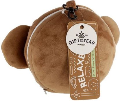Afbeeldingen van Aap knuffel/reiskussen/slaapmasker - 2-in-1 set